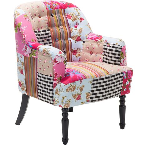 Retro Fabric Upholstered Armchair Multicolour Patchwork Tufted Mandal - Pink