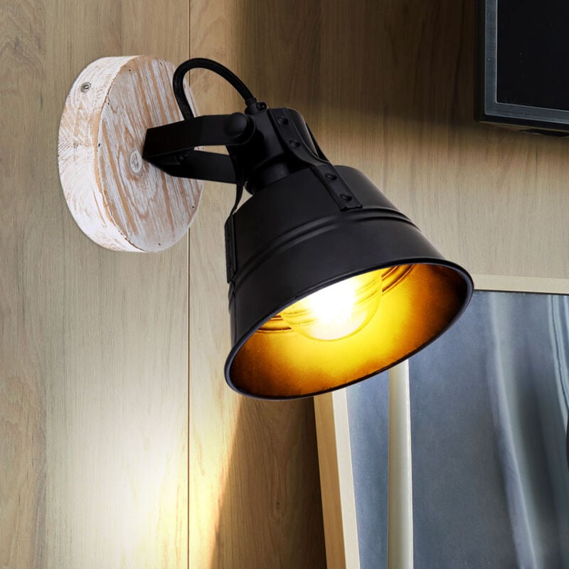 Lampada da parete nera retro faretto camera da letto lampada da parete in legno regolabile, 1x E27, LxH 14x18 cm