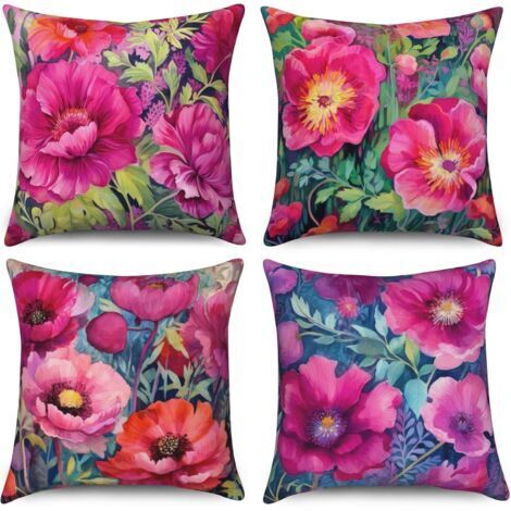 Retro Floral Cushion Cover 45x45 cm, Set of 4 Oiled Red Flower Sofa Cushions, Decorative Washable Linen Outer Fabric Pillowcase