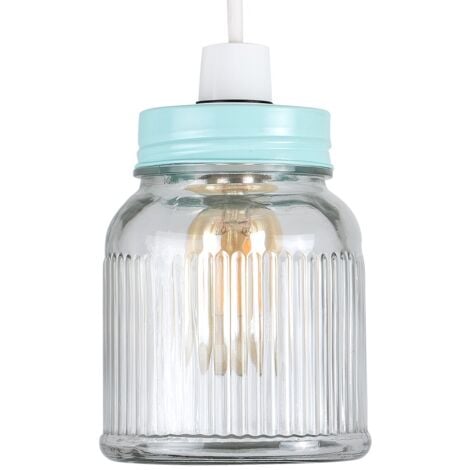 Glass Ribbed Pattern Jar Ceiling Pendant Light Shade - Duck Egg Blue