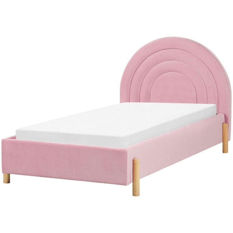 Beliani - Retro Half-round Headboard Bed Eu Single Size 3ft Velvet Upholstery Slatted Base Wooden Legs Pink Anet