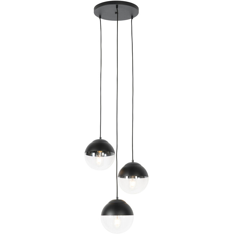 Retro Pendant Light Black with Clear Round Glass 3-Light - Eclipse