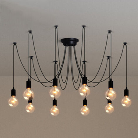 Rétro Industrial Lámpara Colgante DIY 1.5m Longitud Ajustable Lámpara de Suspensión de Araña con 10 Brazos, Negro E27,  (Sin Bombillas)