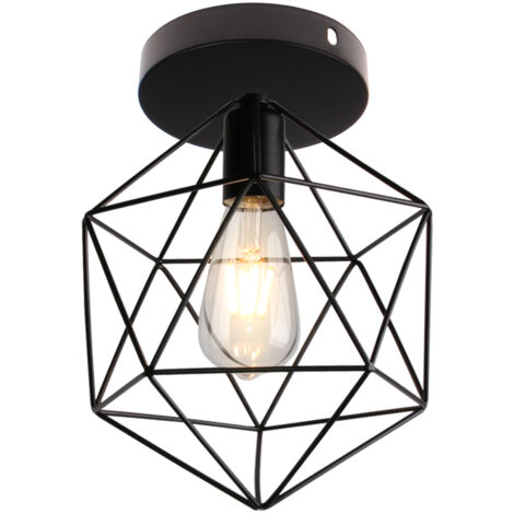Retro Industrielle Plafonnier Cage forme Diamant en Métal, Eclairage de Plafond Abat-Jour pour le Couloir Chambre Cuisine Salon Chambre 25cm Noir