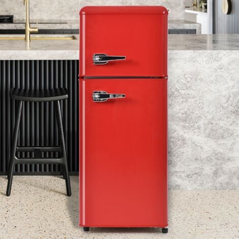 Retro-Kühlschrank. Kühl-Gefrier-Kombination, 105.5 cm hoch, 41 cm breit, zweitürig, mit 92 Liter Gesamtvolumen, 28 Liter Gefriervolumen.181 kWh/Jahr, -27°C 13°C, LED-Licht. OKWISH