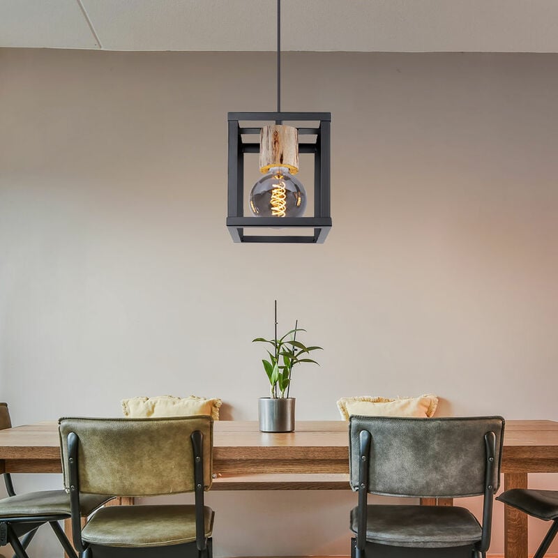 Image of Lampada a sospensione tavolo da pranzo nera, lampada a sospensione industriale struttura in metallo effetto legno, 1 attacco E27, LxLxA 17x17x120 cm