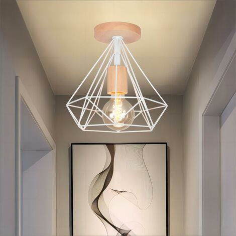 Retro Lámpara de Techo Industrial de Jaula Diamante E27 25cm Luz Interior de Metal y Madera para Pasillo Escaleras Salón Blanco