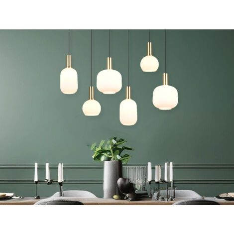Retro LED Pendelleuchte 6-flammig mit Glasschirmen in Weiß, Breite 92cm