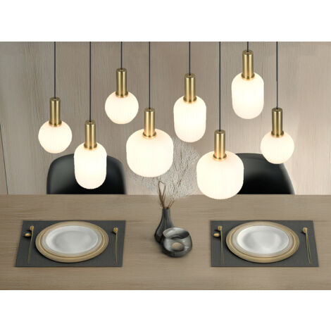 Retro LED Pendelleuchte 8-flammig mit Glasschirmen in Weiß, Breite 120cm