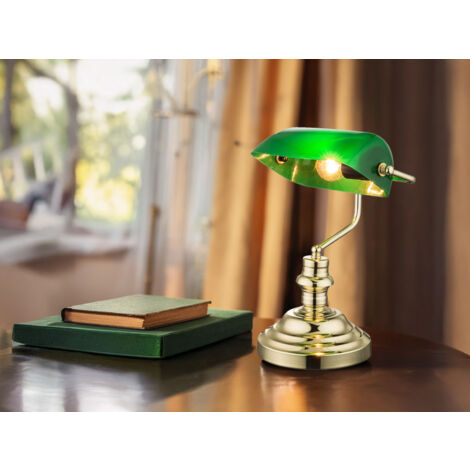 Retro LED Schreibtischleuchte Messing mit Acrylschirm Grün, Höhe 36cm