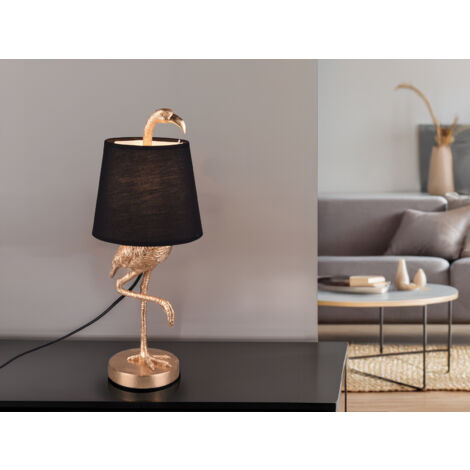 Retro LED Tischleuchte Flamingo Gold mit Stoffschirm in Schwarz, Höhe 42cm