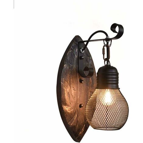 Retro LED Wandleuchte Eisen Wandleuchte (Schwarz) Massivholz Wandleuchte für Nachttischlampe Garage Sportplatz Schlafzimmer Wohnzimmer Ø15cm E27 (Ohne Leuchtmittel)