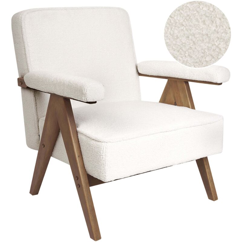 Beliani - Retro Living Room Armchair Fabric Boucle Upholstery Wooden Frame White Evje