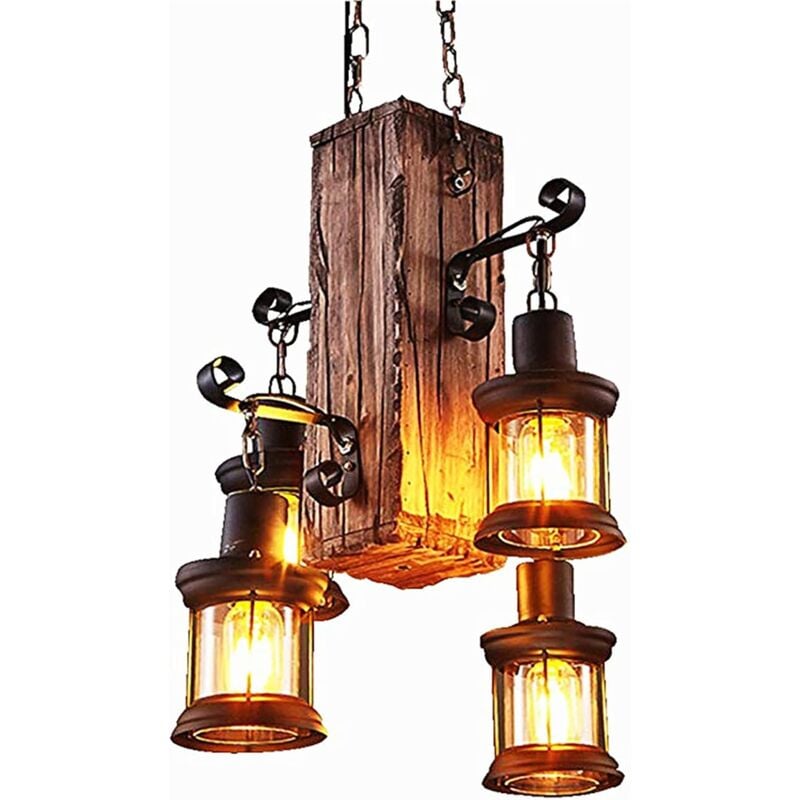 Rétro Luminaire Suspension Industrielle Loft Bar Suspension Créative Personnalité Salon en Bois et 4 Lumières Suspension Luminaire Industriel Vintage