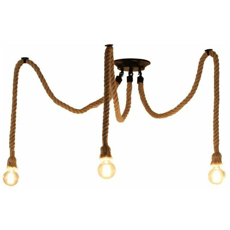 Rétro Lustre Suspension Araignee Corde de Chanvre avec 3 Bras E27 Douille, Industriel Lampe diy 2.0m Fil Longueur Ajustable Luminaire Décoration