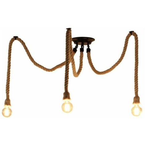 Rétro Lustre Suspension Araignee Corde de Chanvre avec 3 Bras E27 Douille, Industriel Lampe DIY 2.0m Fil Longueur Ajustable Luminaire Décoration Chambre Restaurant Bar