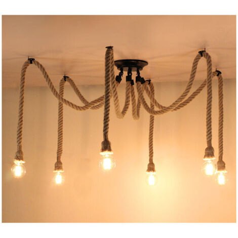 Rétro Lustre Suspension Araignee Corde de Chanvre avec 6 Bras E27 Douille, Industriel Lampe DIY 2.0m Fil Longueur Ajustable Luminaire Décoration Chambre Restaurant Bar