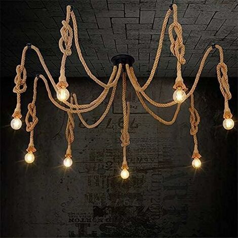 Rétro Lustre Suspension Araignee Corde de Chanvre avec 8 Bras E27 Douille, Industriel Lampe DIY 2.0m Fil Longueur Ajustable Luminaire Décoration Chambre Restaurant Bar
