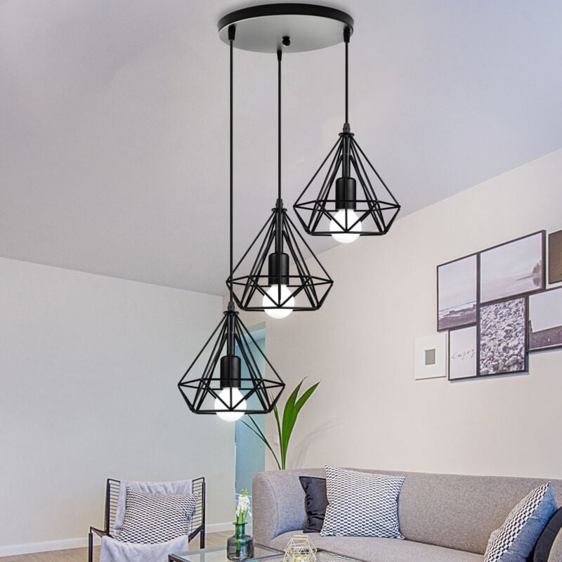 Lustre Industriel Cage Forme Diamant - E27 20CM Luminaire Ajustable 100cm - Métal Noir