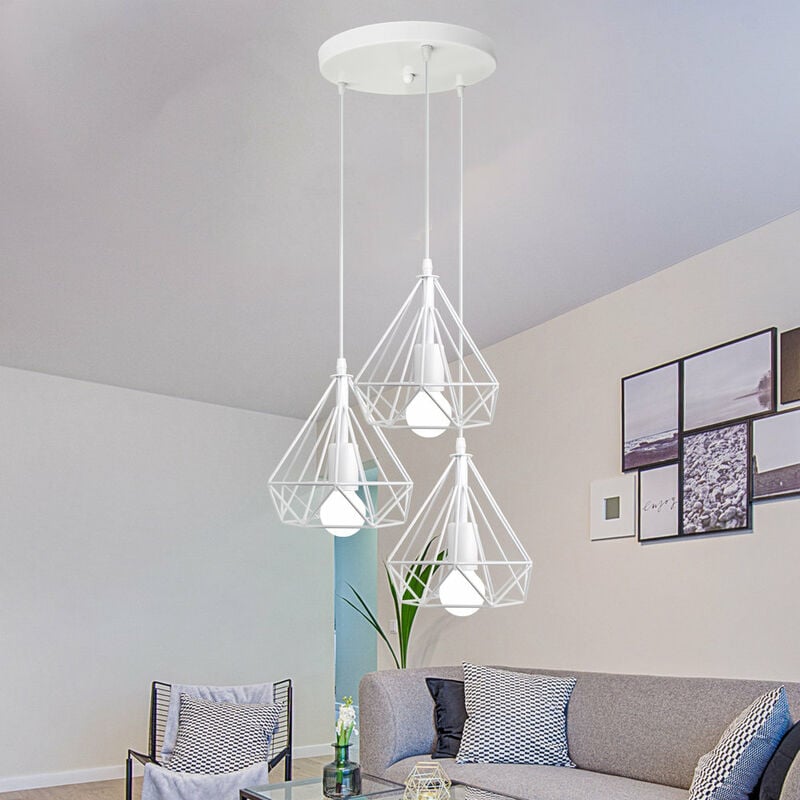 Lustre Industriel Cage Forme Diamant - E27 20CM Luminaire Ajustable 100cm - Métal Blanc
