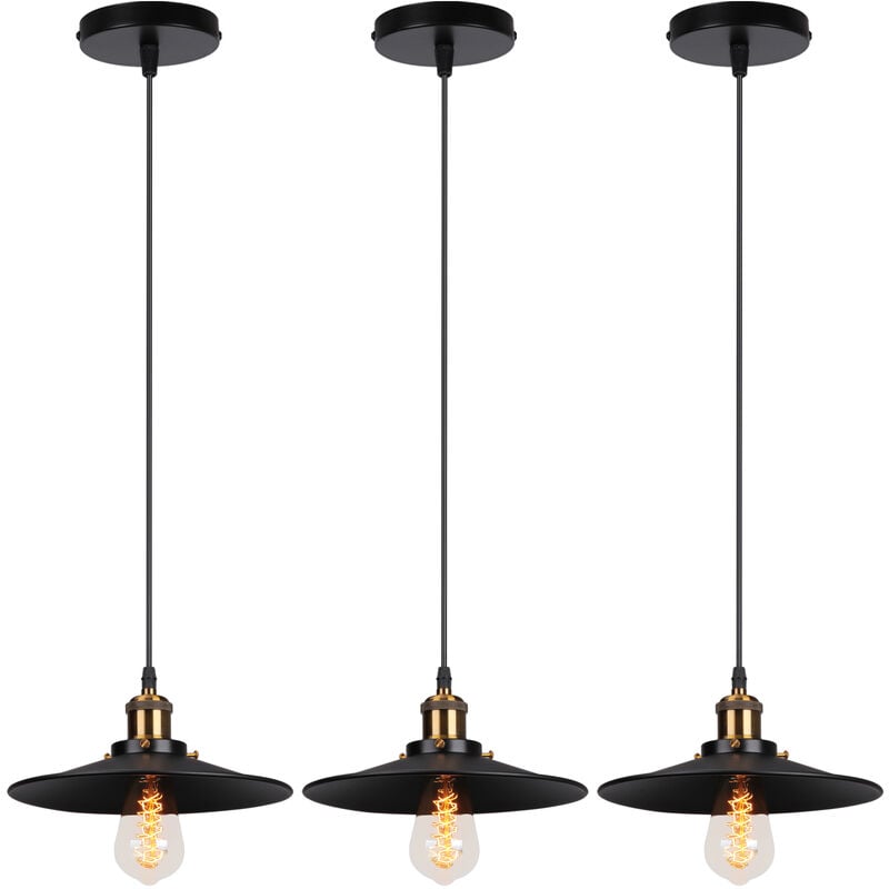 3PCS Rétro Lustre Suspension Industrielle 22cm Plaofnnier Fer Abat-jour en Métal Noir
