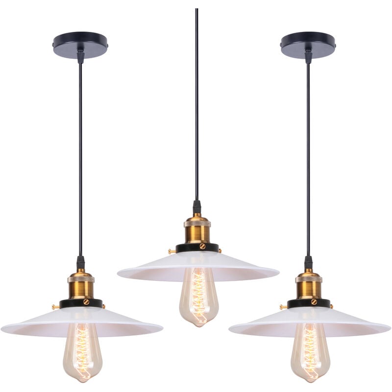 3PCS Rétro Lustre Suspension Industrielle 26cm Plaofnnier Fer Abat-jour en Métal Blanc