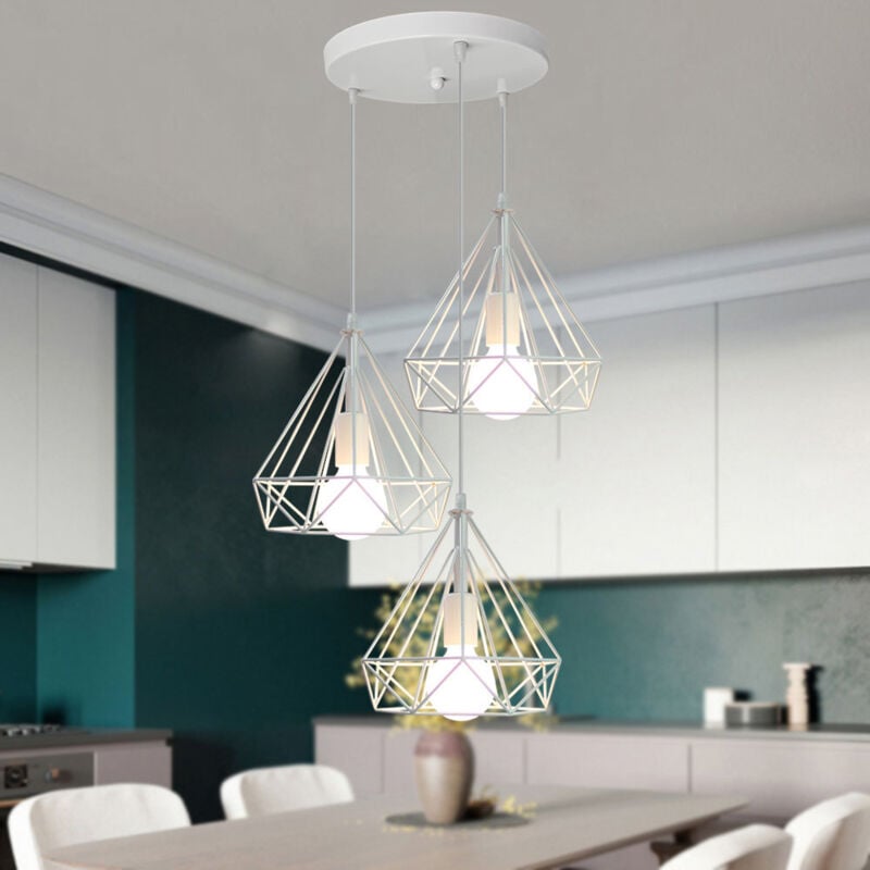 Rétro Lustre Suspension Industrielle Cage Diamant Plafonnier Luminaire Salle à Manger Couloir Chambre Blanc