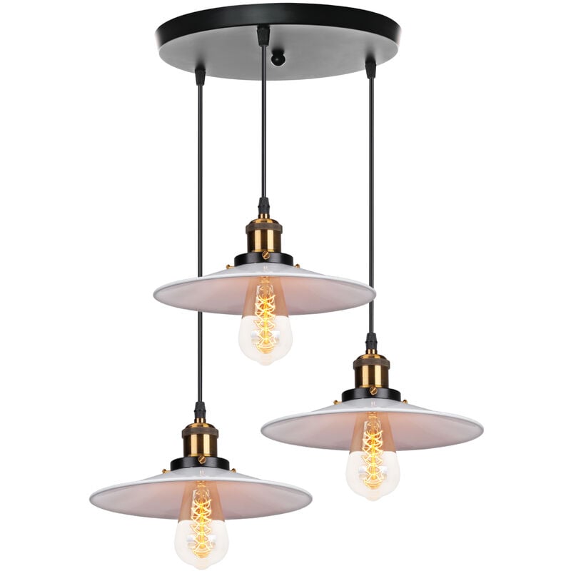 3 Tête Lustre Suspension Fer Abat-jour en Métal Luminaire Vintage Industrielle Blanc et Noir
