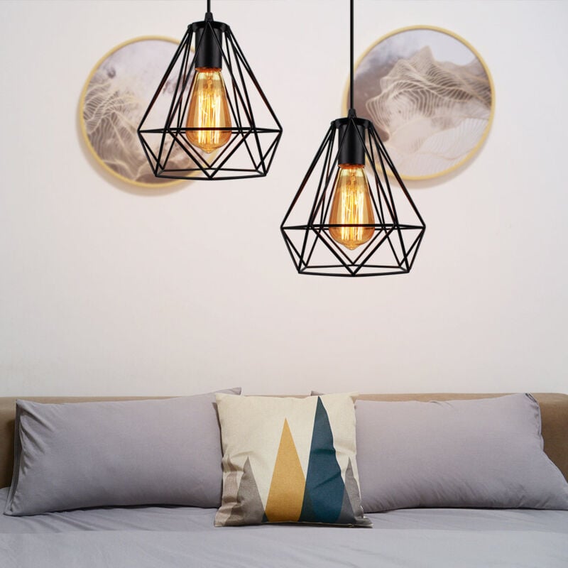 Retro Lustre Suspension Industrielle E27 Plafonnier Lampe Abat-jour Forme Diamant Luminaire pour Salon Chambre Couloir Noir - 2PCS