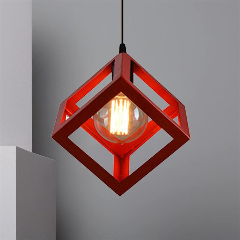 Lustre Suspension Cage Cube en Métal E27 Plafonnier Luminaire Vintage Industrielle Rouge