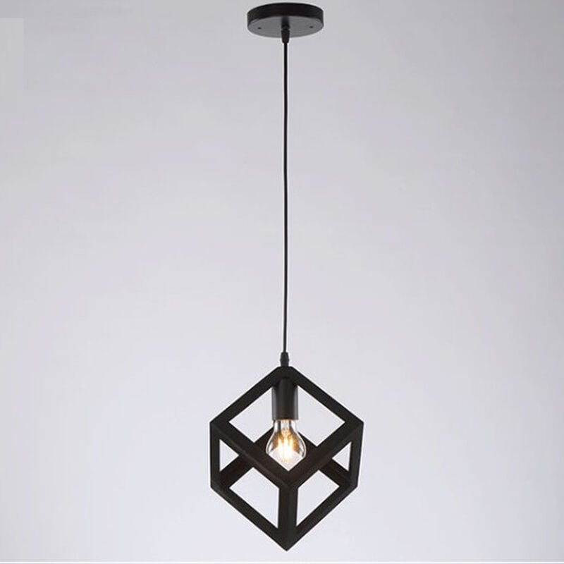 Lustre Suspension Cage Cube en Métal E27 Plafonnier Luminaire Vintage Industrielle Noir