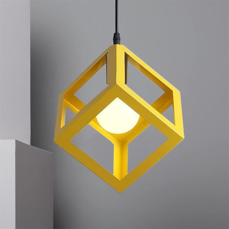 Lustre Suspension Cage Cube en Métal E27 Plafonnier Luminaire Vintage Industrielle Jaune