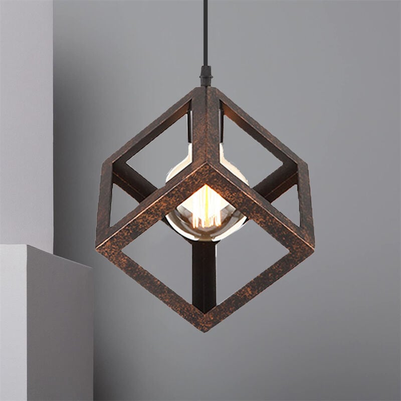 Lustre Suspension Cage Cube en Métal E27 Plafonnier Luminaire Vintage Industrielle Rouille