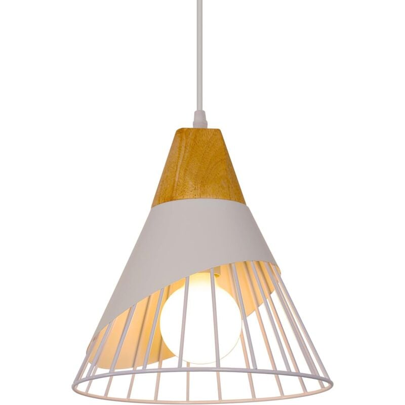 Suspension Luminaire Vintage, Lustre Industrielle en Bois E27, Lampe Plafonnier Cage en Métal pour Restaurant Cuisine Salon Couloir Dia 25cm Blanc