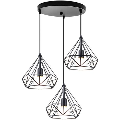 Retro Metall E27 Kronleuchter 3-flammige Pendelleuchte Deckenlampe in Rautenform 25cm für Wohnzimmer Esszimmer Küche Schwarz