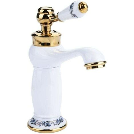Rétro Mitigeur Robinet de Lavabo Laiton & Céramique Évier Robinet Bleu Et Blanc en Porcelaine À Long Cou Vintage Floral avec l'entrée Robinet d'eau Froide/Chaude Cuisine Salle de bain(blanc)
