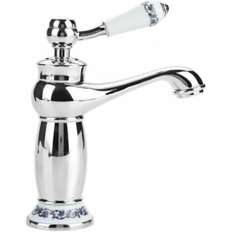 Rétro Mitigeur Robinet de Lavabo Laiton Céramique Évier Robinet Bleu Et Blanc en Porcelaine À Long Cou Vintage Floral avec l'entrée Robinet d'eau Froide/Chaude Cuisine Salle de bain(chromé)