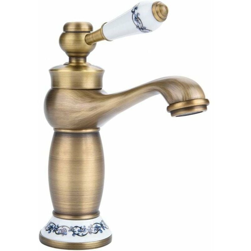 Keyoung - Rétro Mitigeur Robinet de Lavabo Laiton Céramique Évier Robinet Bleu Et Blanc en Porcelaine à Long Cou Vintage Floral avec l'entrée Robinet