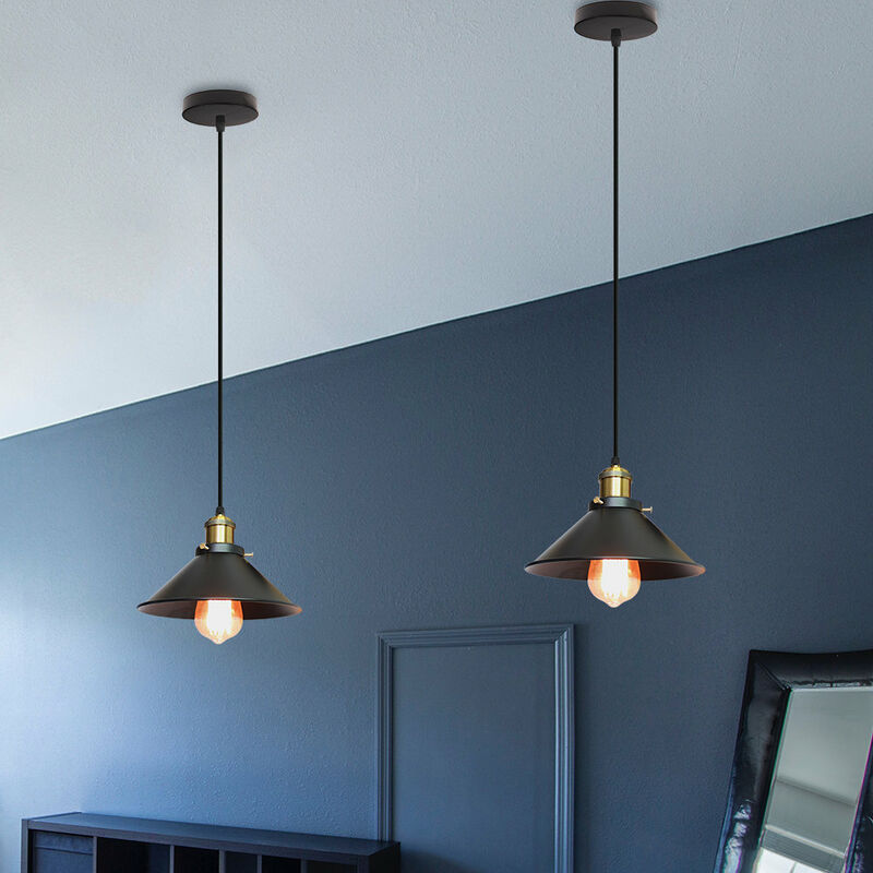 2X Pendant Light Black, Vintage Simple Hanging Ceiling Lamp, Retro Chandelier with Ø22cm Lamp Shade (Black)