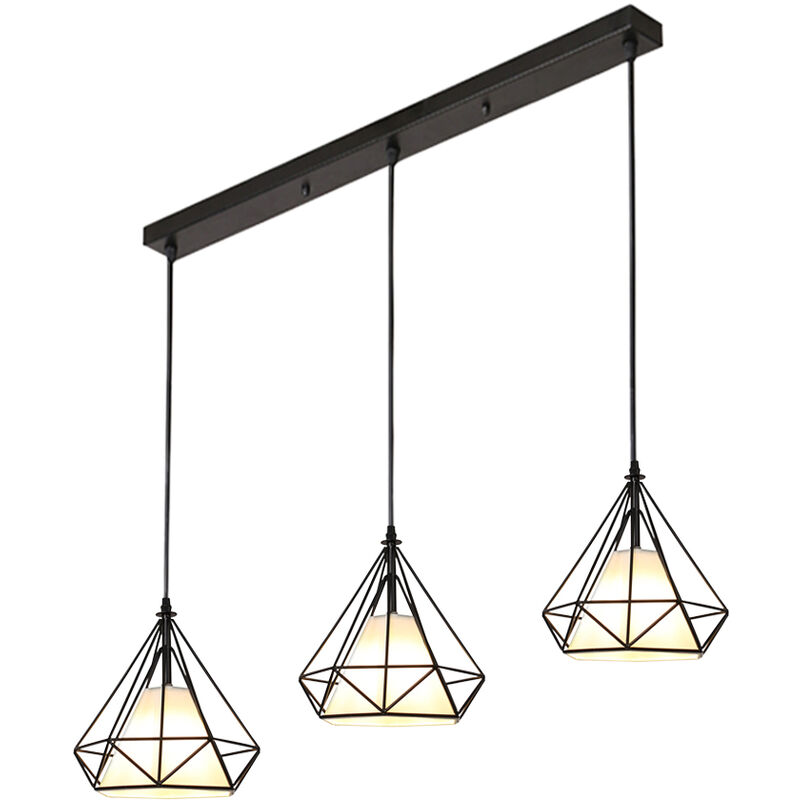 Retro Pendant Light Vintage Hanging Light 3 Lamp Holders Industrial Pendant Lamp E27 20CM Metal Cage Chandelier Diamond Shape Pendant Lamp Black
