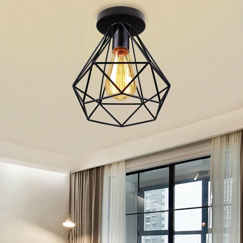 Rétro Plafonnier Cage en Métal E27 Luminaire Vintage Rétro Noir