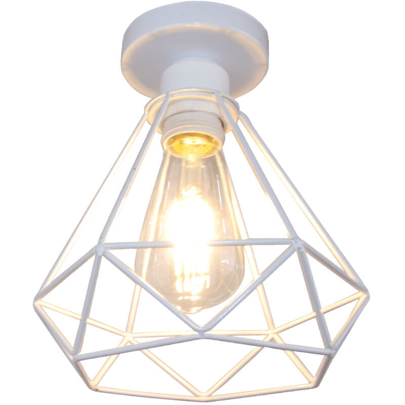 Rétro Plafonnier Industrielle Cage Design forme Diamant 20cm, Lustre Abat-jour Vintage Lampe de Plafond en Métal Fer Luminaire E27 - Blanc
