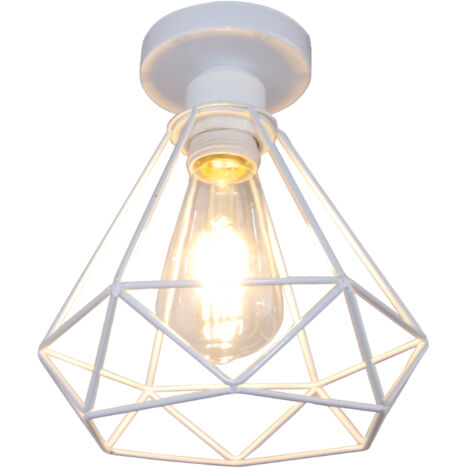 Rétro Plafonnier Industrielle Cage Design forme Diamant 20cm, Lustre Abat-jour Vintage Lampe de Plafond en Métal Fer Luminaire E27 - Blanc