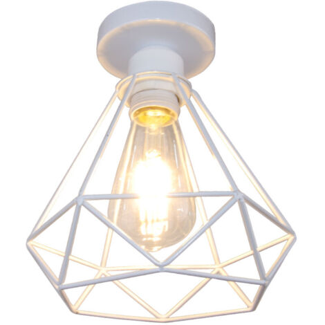 Rétro Plafonnier Industrielle Cage Design forme Diamant 20cm, Lustre Abat-jour Vintage Lampe de Plafond en Métal Fer Luminaire E27 - Blanc