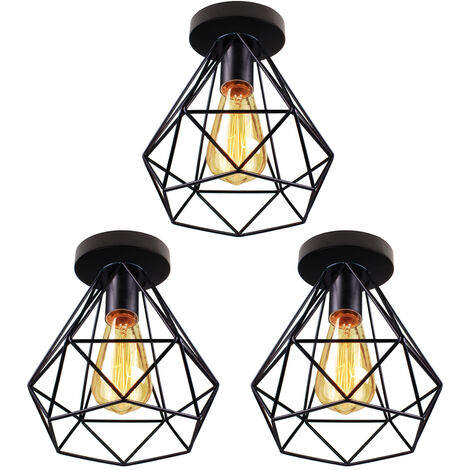 Retro Plafonnier Industrielle Cage Diamant en Metal Fer Lampe pour Salon Cuisine Couloir Noir 3PCS