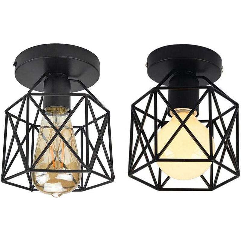 Retro Plafonnier Industrielle en Métal Carré Fer Cage Cube Luminaire E27 pour Salon Chambre Café Bar Restaurent Entrée Couloir (Lot de 2 Noir)