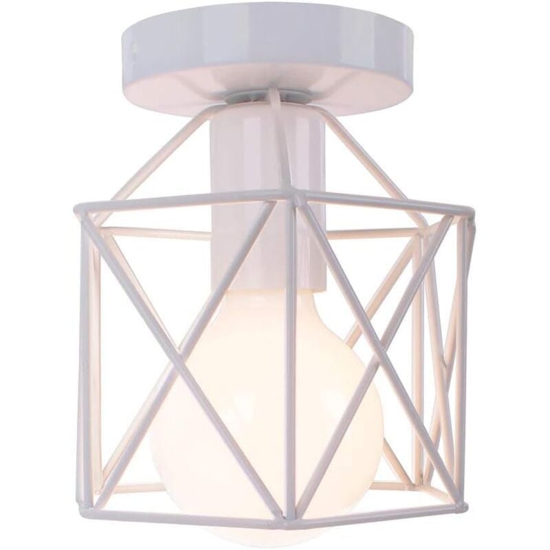 Retro Plafonnier Industrielle en Métal Carré Fer, Suspension Cage Cube Luminaire E27 pour Salon Chambre Café Bar Restaurent Entrée Couloir (Blanc)