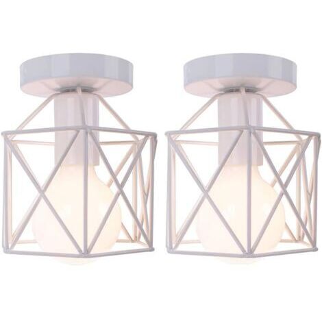 Retro Plafonnier Industrielle en Métal Carré Fer, Suspension Cage Cube Luminaire E27 pour Salon Chambre Café Bar Restaurent Entrée Couloir (Lot de 2 Blanc)