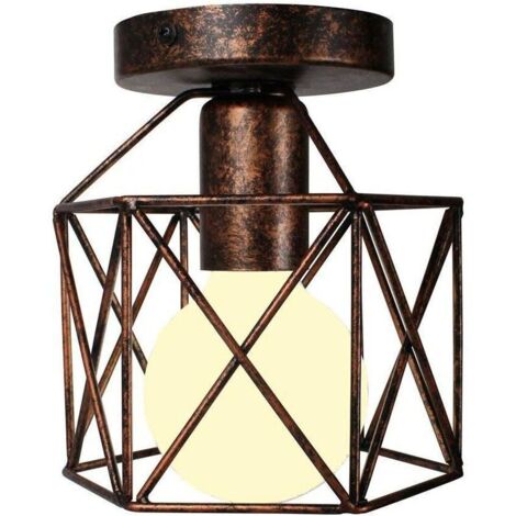 Retro Plafonnier Industrielle en Métal Carré Fer, Suspension Cage Cube Luminaire E27 pour Salon Chambre Café Bar Restaurent Entrée Couloir (Rouille)