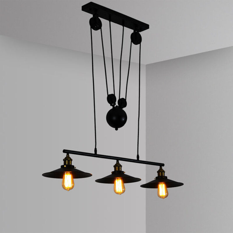 Axhup - Creative Pendant Light Vintage Industrial Hanging Ceiling Lamp Retro Rise and Fall Chandelier with Metal Dome Lampshade E27 (Black)